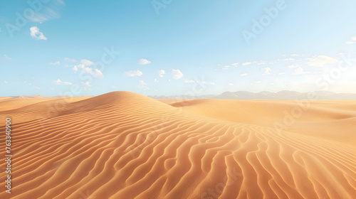 A vast desert landscape with towering sand dunes stretching towards the horizon under a clear blue sky