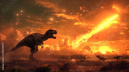 Dinosaur extinction scene caused by meteor impact showing fiery sky and fleeing dinosaurs. Concept Dinosaur Extinction, Meteor Impact, Fiery Sky, Fleeing Dinosaurs © Anastasiia