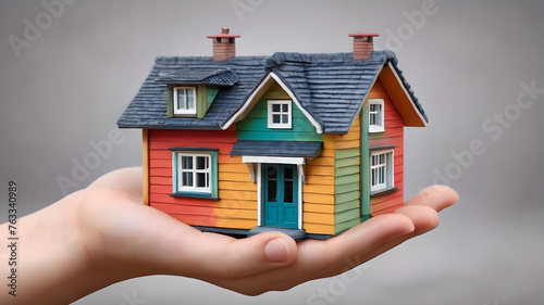 Hand holding model house. Property home and real estate insurance concept. miniature model house. Mortgage concep. AI generated image, ai..