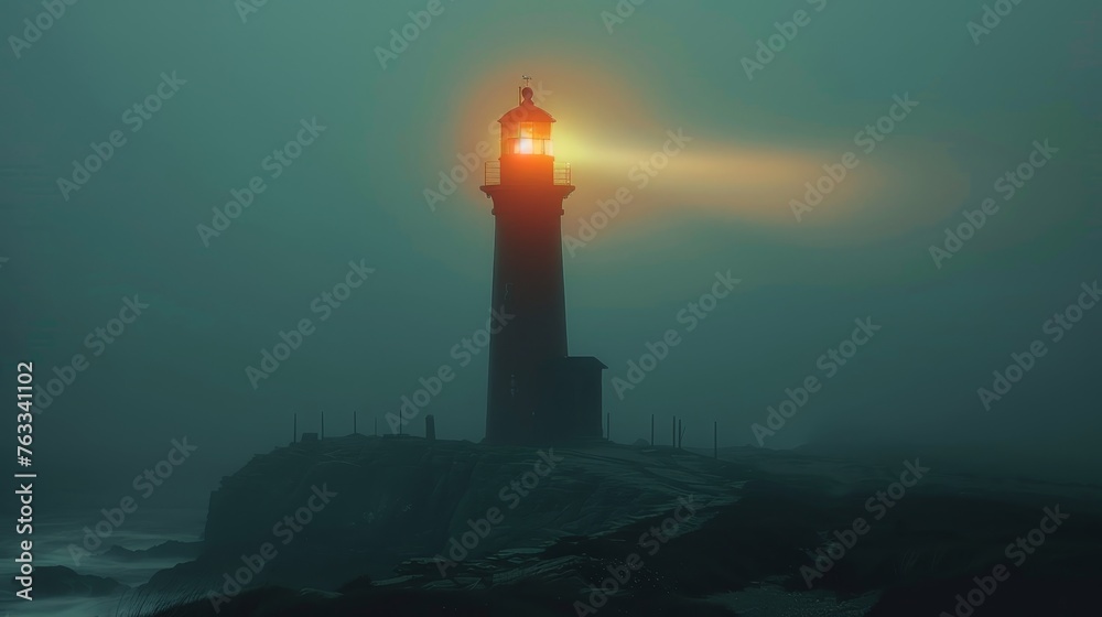 A solitary lighthouse emits a soft glow, cutting through the thick fog of a silent, eerie night. A solitary lighthouse emits a soft glow, cutting through the thick fog of a silent, eerie night.
