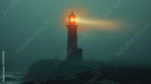 A solitary lighthouse emits a soft glow  cutting through the thick fog of a silent  eerie night.