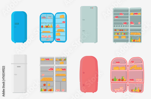 Flat refrigerator vector. Closed and open empty refrigerator. Blue refrigerator with healthy food, water, meat, vegetables. Illustration of a refrigerator with food or empty shelf