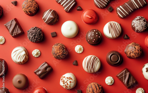 Divine delights: assortment of fine chocolate candies in white, dark, and milk chocolate on a vibrant red background. ample copy space provided for Valentine's Day love celebrations