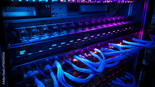 A network server's switch panel, where multiple fiber optic cables with glowing LED lights, highlighting the advanced technology that powers data communications