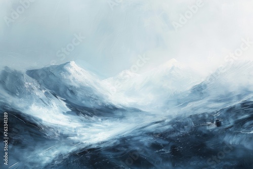 Serene abstract depiction of a snowy mountain range, with cool blues and whites, conveying a sense of quiet and isolation.