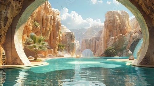 A breathtaking desert oasis cradled by natural arches, with crystal-clear pools reflecting the vivid blue sky and towering sandstone cliffs.