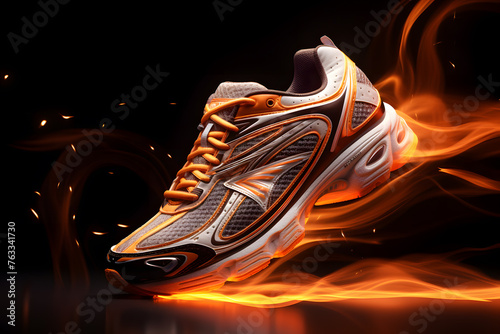 Creative bright sneaker in neon colors isolated on black background. Sport footwear 