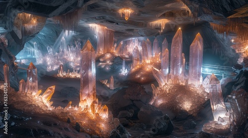 A fantastical subterranean landscape with towering crystals casting ethereal light across the cavern's expanse.