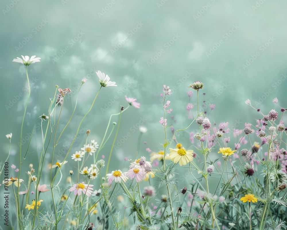 A cluster of pastel wildflowers against a soft green backdrop, celebrating the diversity of nature's palette,