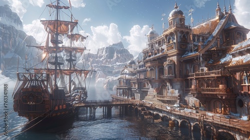 A grand galleon moored at a wooden pier of a majestic snow-covered mountain harbor, with ornate architecture under a clear sky.