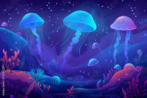 Vector illustration of a mysterious deep sea scene with bioluminescent jellyfish and other glowing marine life.
