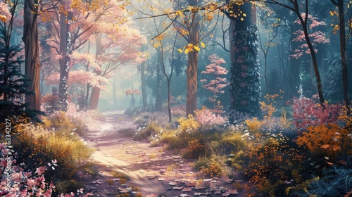 A dreamy forest path surrounded by pastel-colored foliage, inviting a peaceful walk in nature,