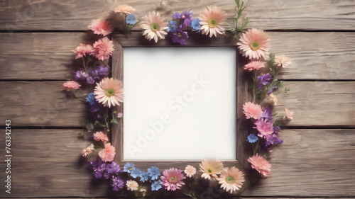 Fresh flowers with Frame on wooden background with with empty space for greeting message. Love and greeting concept design. AI generated image, ai
