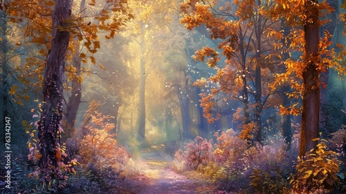 A dreamy forest path surrounded by pastel-colored foliage, inviting a peaceful walk in nature,