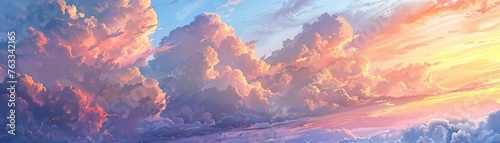 A dreamy pastel sky filled with fluffy clouds at sunset, offering a moment of reflection and calm,