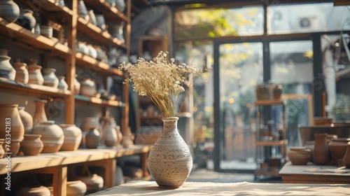 A delicate arrangement of dried flowers stands in a handcrafted pottery vase, showcased in a sunlit artisanal pottery studio.