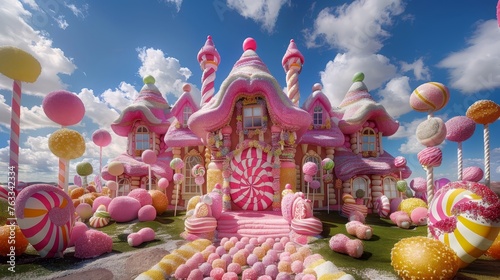 A whimsical, vibrant image of a fantasy candy land featuring a pink castle adorned with sugar-coated treats under a blue sky with fluffy clouds. © Sodapeaw