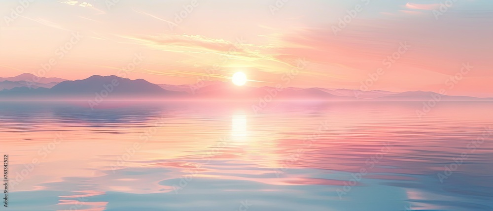 A serene pastel sunset over a calm lake, reflecting the soft hues of the sky in the water, - obrazy, fototapety, plakaty 