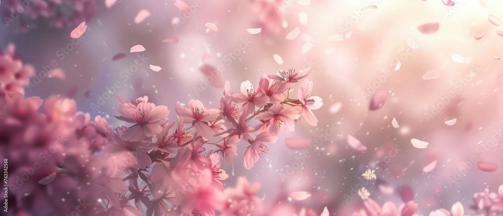 A soft-focus view of cherry blossoms in full bloom, with petals gently falling in a pastel haze,