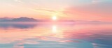 A serene pastel sunset over a calm lake, reflecting the soft hues of the sky in the water,