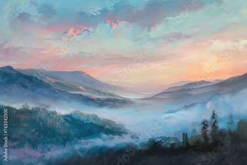A serene pastel sunrise over a misty mountain landscape, capturing the first light of day,