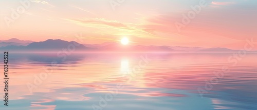 A serene pastel sunset over a calm lake, reflecting the soft hues of the sky in the water, © AI Farm