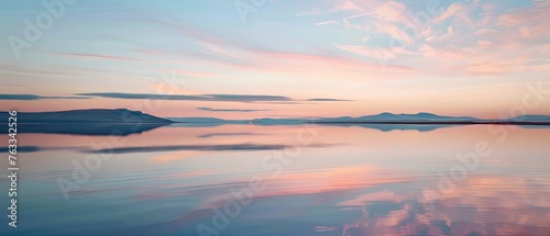 A serene pastel sunset over a calm lake  reflecting the soft hues of the sky in the water 