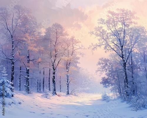 A serene pastel winter scene, with snow-covered trees and a pale pink sky at sunrise, © AI Farm