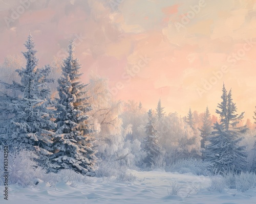 A serene pastel winter scene, with snow-covered trees and a pale pink sky at sunrise, © AI Farm