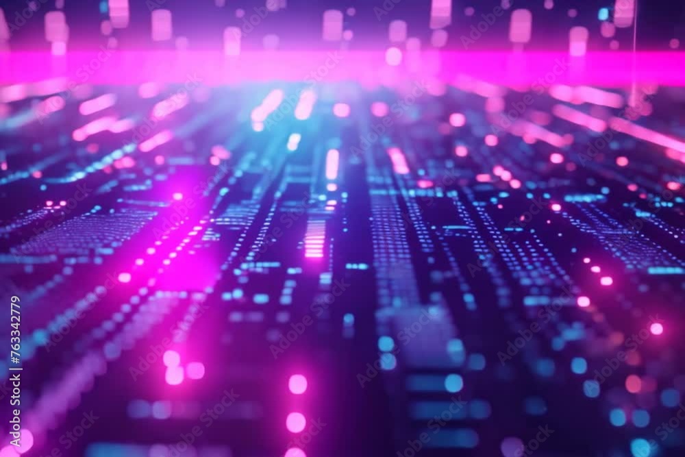 Close-up view of blue and pink digital binary code creating a dynamic and modern technology ...