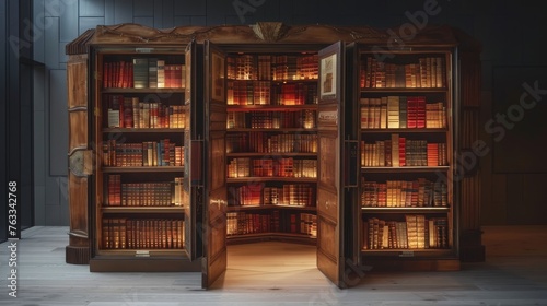 A unique wooden bookcase with glass doors and internal lighting showcases a collection of books in a dark, contemporary room.