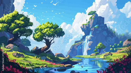 Fantasy Landscape Illustration with Waterfall