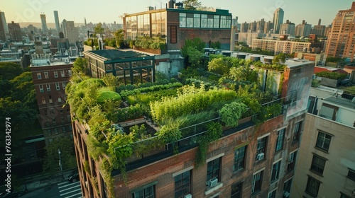 An urban oasis stands out with a lush green roof garden atop a city building, blending nature with the urban skyline.