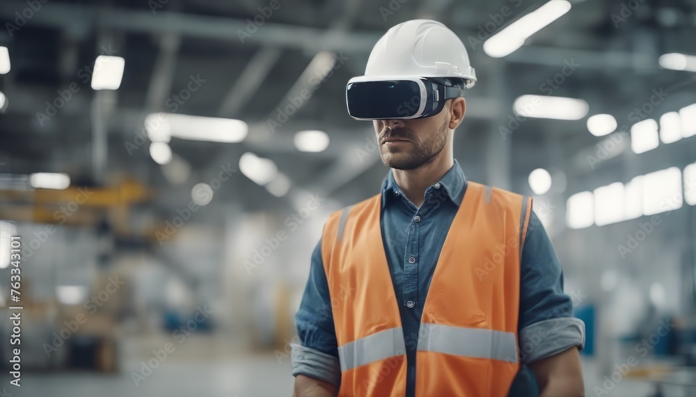 european factory worker wearing hard hat and work clothes in white augmented virtual reality glasses european factory worker wearing hard hat and work clothes in white augmented virtual reality glasses
