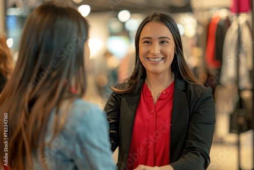 A photo of an attractive female business manager in her late twenties shaking hands with another woman at the entrance to their store photo