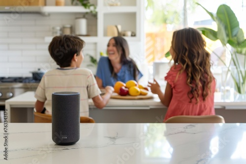 Family laughing at smart speaker in the kitchen