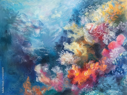 An abstract pastel painting inspired by the forms and hues of coral reefs, merging art with the wonders of the ocean,