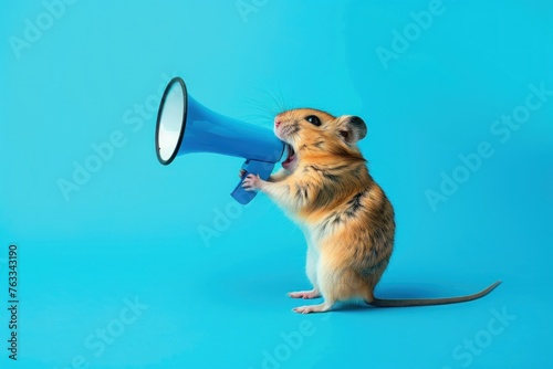 A hamster standing on its hind legs and screaming into the megaphone