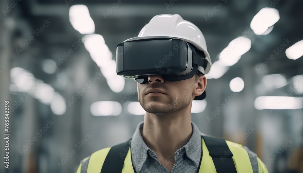 european factory worker wearing hard hat and work clothes in white augmented virtual reality glasses european factory worker wearing hard hat and work clothes in white augmented virtual reality glasses