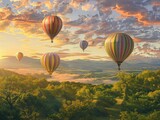 A tranquil scene of pastel-colored hot air balloons floating over a verdant landscape at dawn,