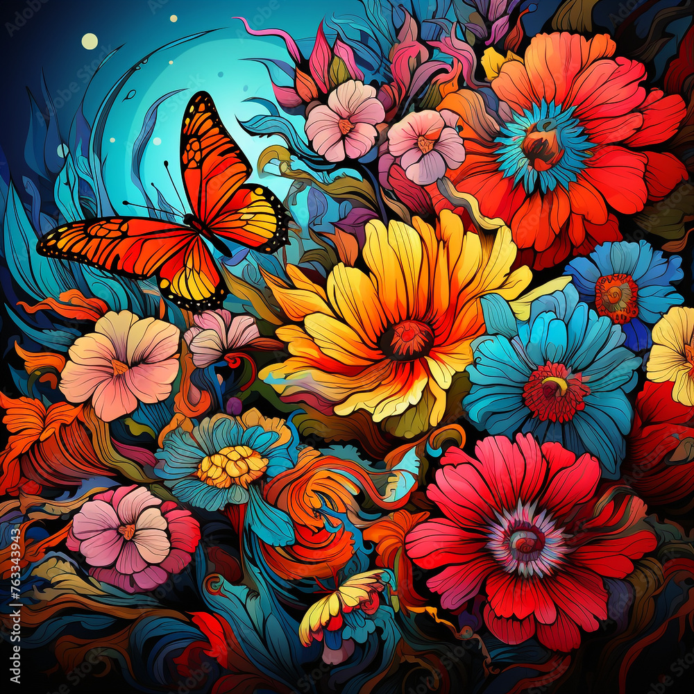 Abstract painting with vibrant colors of butterflies and blooming flowers.