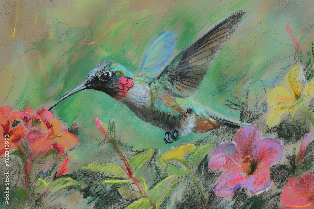 Pastel drawing of a hummingbird hovering over flowers