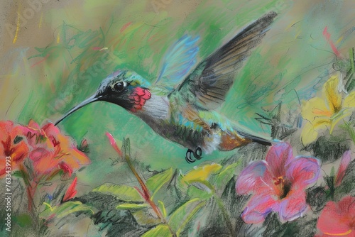 Pastel drawing of a hummingbird hovering over flowers