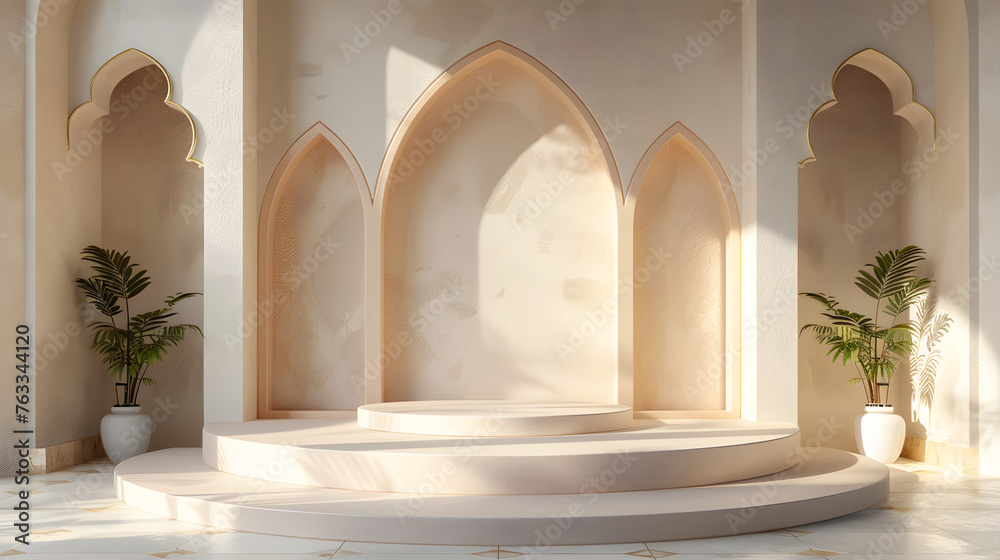 minimalist empty podium, clean ramadan ornament background, perfect, very realistic - obrazy, fototapety, plakaty 
