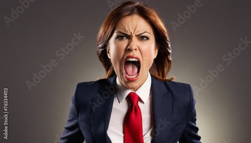  A woman in a suit and tie with an open mouth and shocked expression © Albert