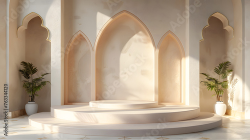 minimalist empty podium, clean ramadan ornament background, perfect, very realistic