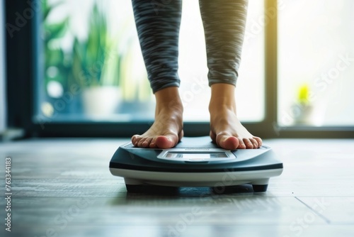 Close up of a woman's feet standing on digital scales for weight control photo