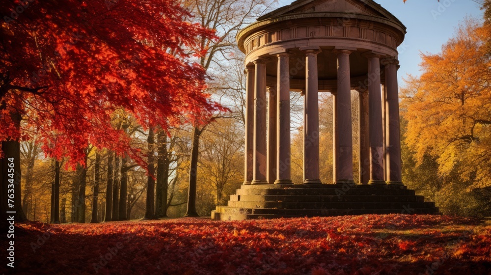 Vibrant autumn foliage frames a Doric temple highlighting its serene beauty