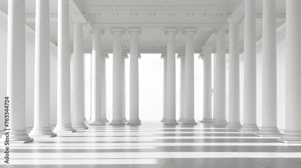 Symmetry of Doric colonnade accentuated in minimalist space with reflective surfaces - obrazy, fototapety, plakaty 