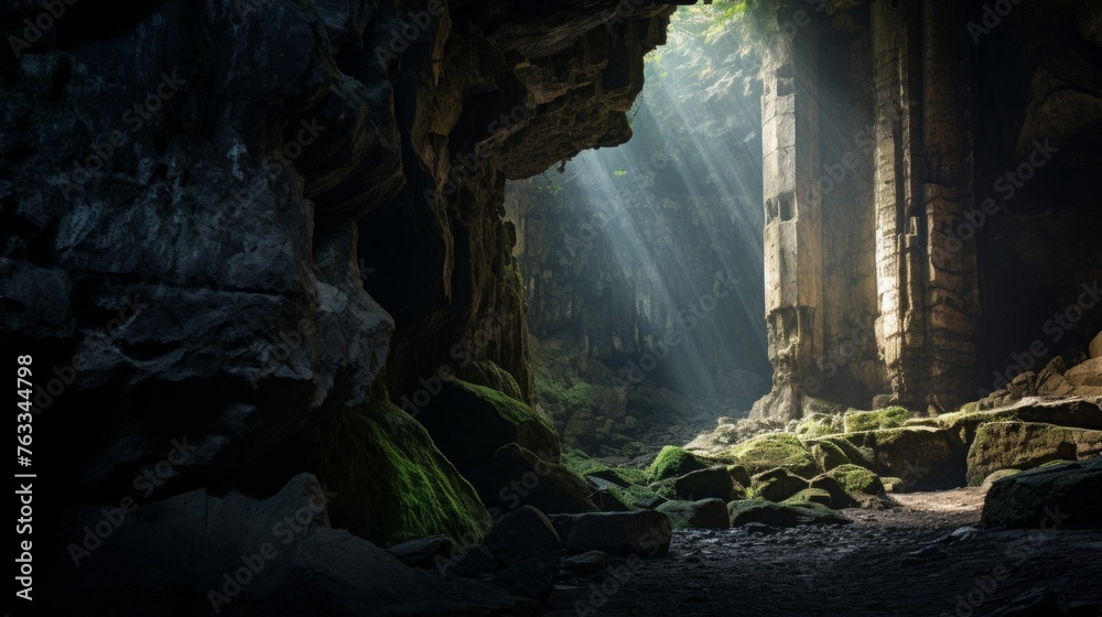 Entrance to a mystical cave guarded by a Doric column hints at untold secrets within